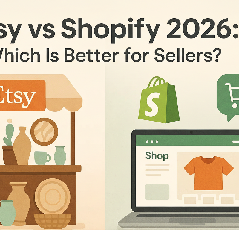 Title: Etsy vs Shopify 2025: Which Is Better for Sellers? Image shows an Etsy marketplace stall with handmade goods on the left and a laptop displaying a customizable Shopify online store on the right, representing the two e-commerce platforms.