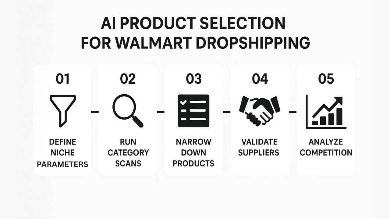 AI Product Selection Process for Walmart Dropshipping: Define Niche, Run Scans, Narrow Products, Validate Suppliers, Analyze Competition.