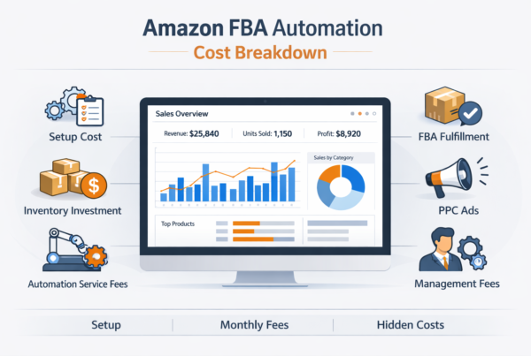 Amazon FBA automation cost breakdown infographic showing setup fees, monthly expenses, and ROI in 2026