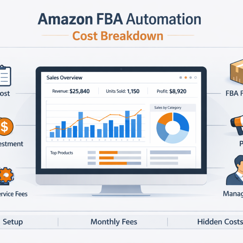 Amazon FBA automation cost breakdown infographic showing setup fees, monthly expenses, and ROI in 2026