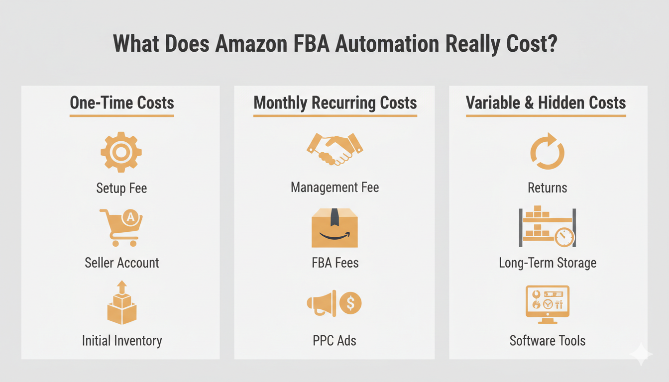 Infographic explaining Amazon FBA automation cost structure including setup, monthly, and hidden fees
