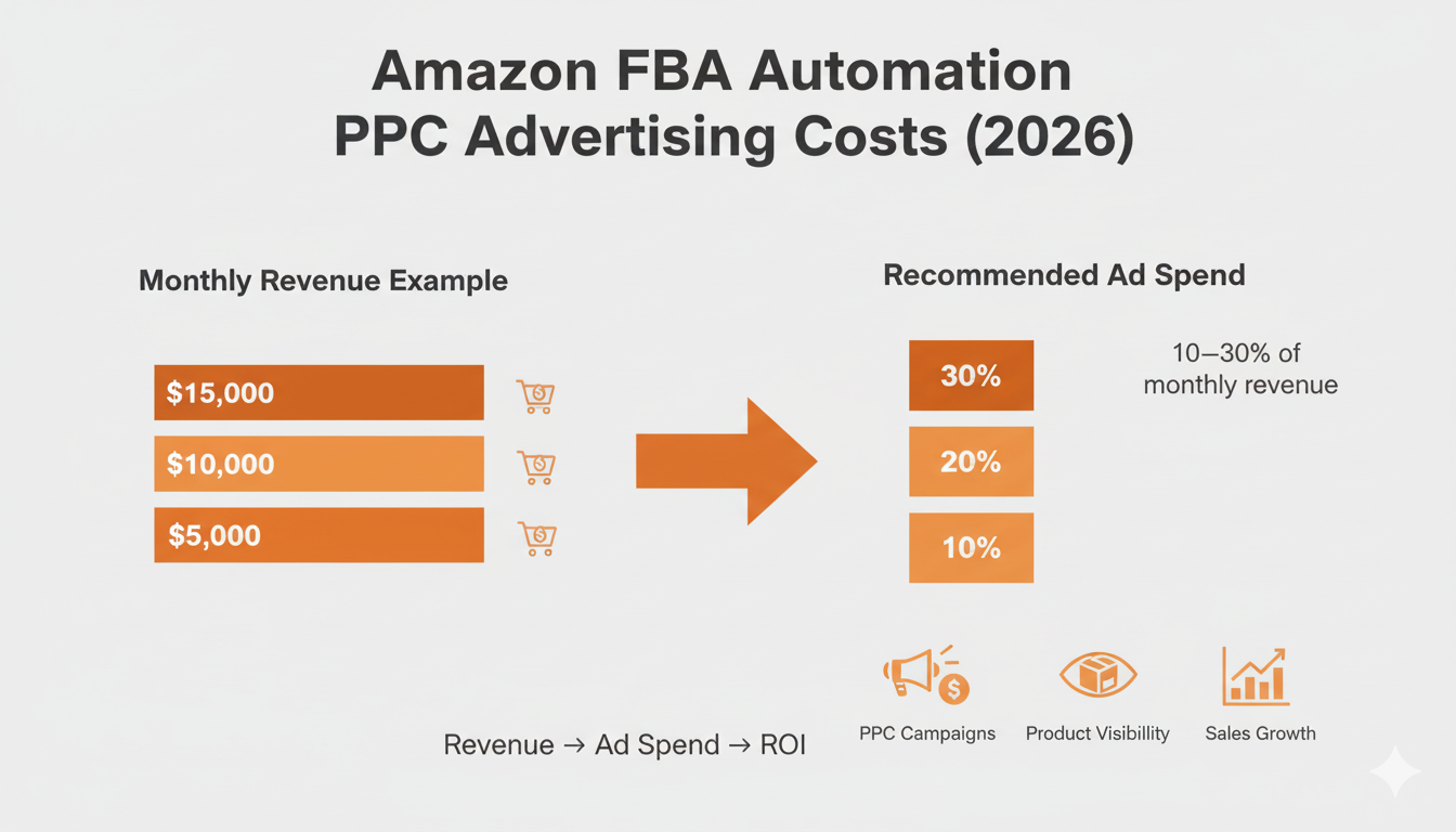 Infographic showing Amazon FBA automation PPC advertising costs and ROI recommendations in 2026