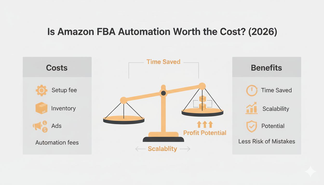 Infographic showing Amazon FBA automation costs versus benefits and ROI in 2026