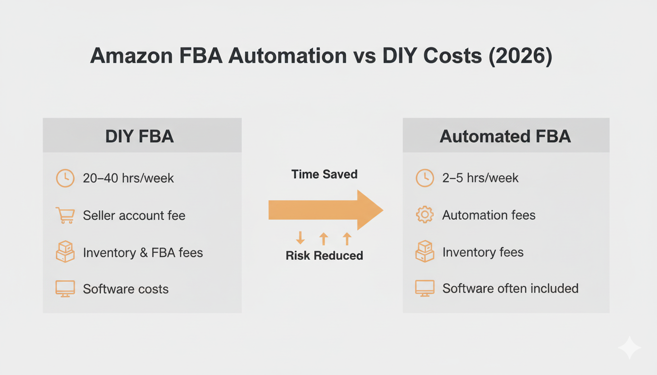 Infographic comparing Amazon FBA automation costs versus DIY FBA costs and time in 2026