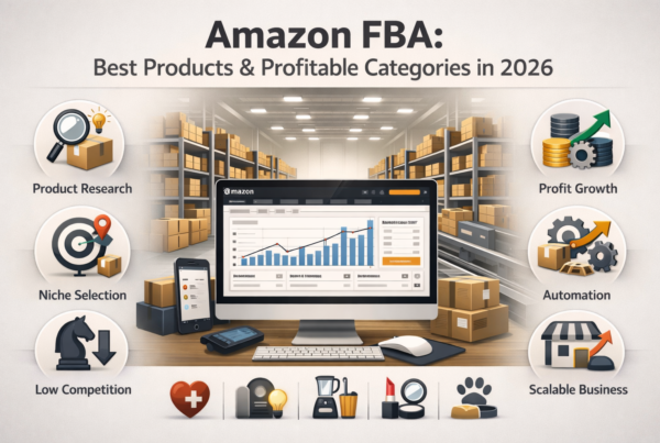 Amazon FBA featured infographic showing profitable product categories, product research, and growth opportunities for sellers in 2026