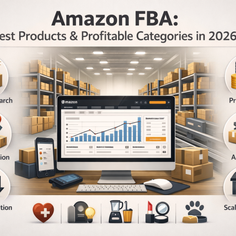 Amazon FBA featured infographic showing profitable product categories, product research, and growth opportunities for sellers in 2026