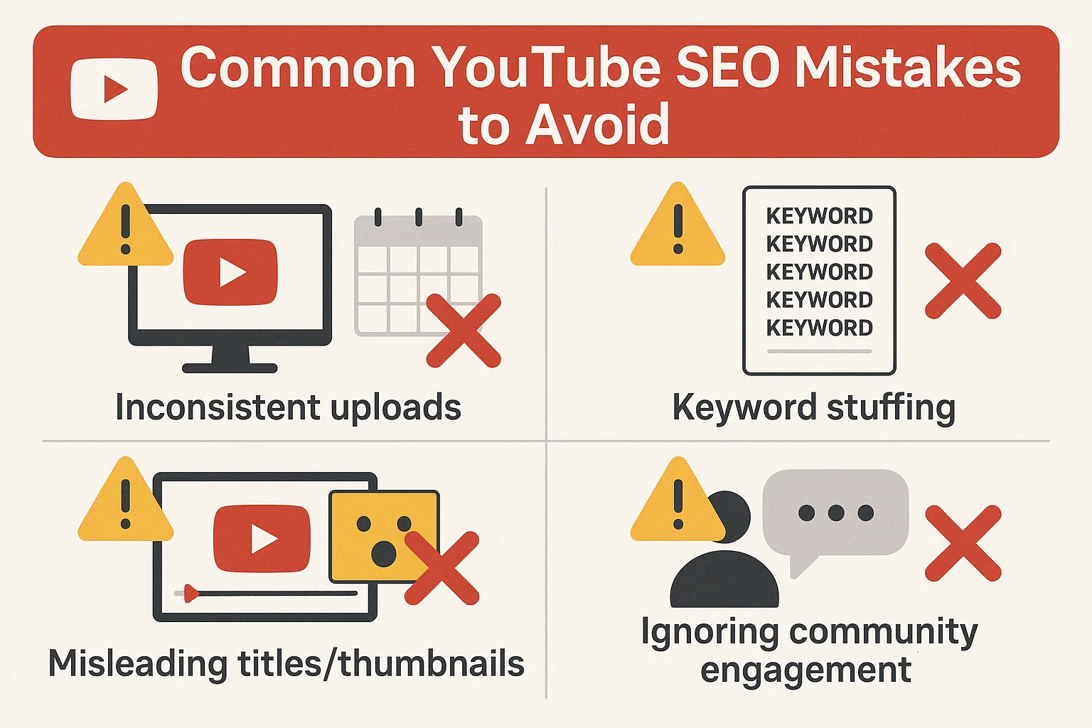 Visual guide to common YouTube SEO mistakes to avoid, such as inconsistent upload schedules, keyword stuffing, using misleading clickbait titles or thumbnails, and ignoring community engagement.