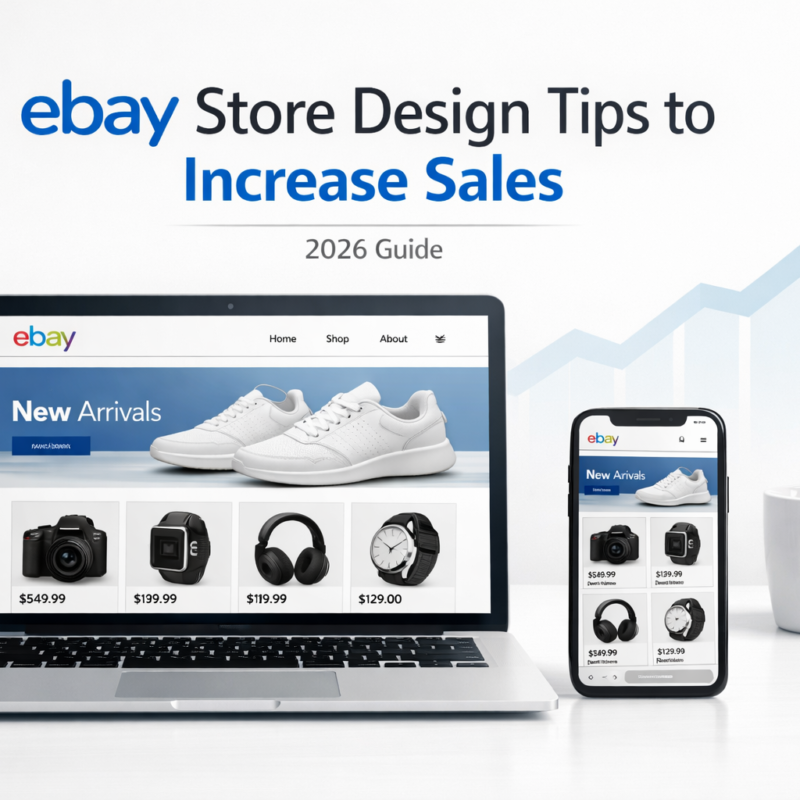 Hero image showing a professionally designed eBay store on desktop and mobile, representing modern eBay store design tips to increase sales in 2026