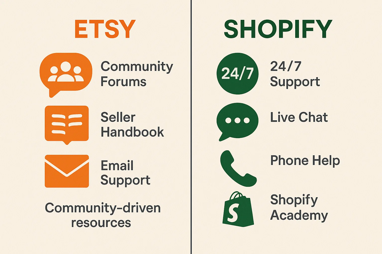 Comparison of support resources for Etsy and Shopify sellers. Etsy offers Community Forums, Seller Handbook, and Email Support, emphasizing community-driven resources. Shopify offers 24/7 Support, Live Chat, Phone Help, and Shopify Academy.