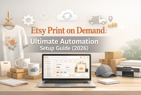 Etsy print on demand automation setup guide hero image showing automated Etsy business workflow