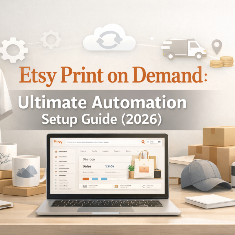 Etsy print on demand automation setup guide hero image showing automated Etsy business workflow