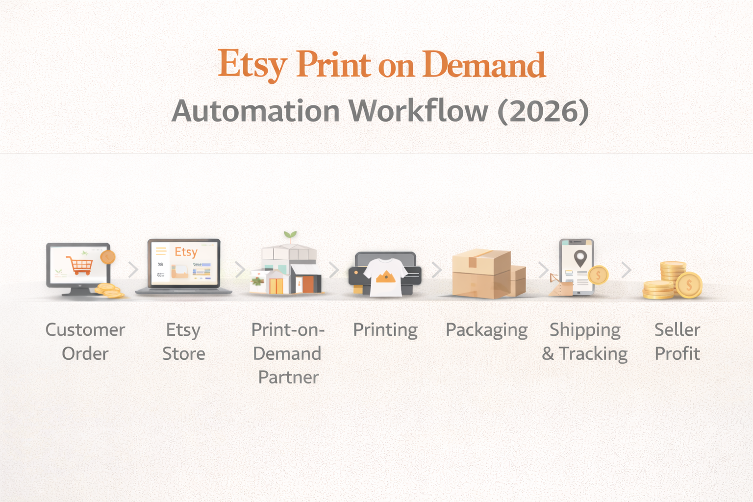 Etsy print on demand automation workflow showing how orders are processed automatically from Etsy to fulfillment