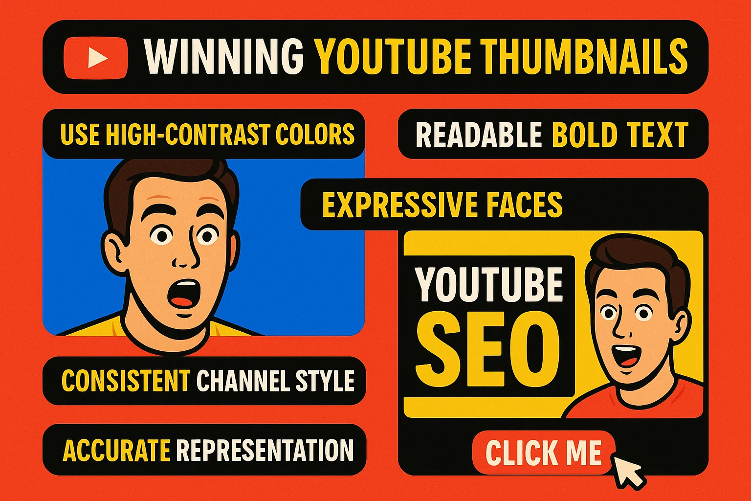 Best practices for winning YouTube thumbnails designed for high CTR, featuring high-contrast colors, readable bold text, expressive faces, consistent channel style, and accurate video representation.