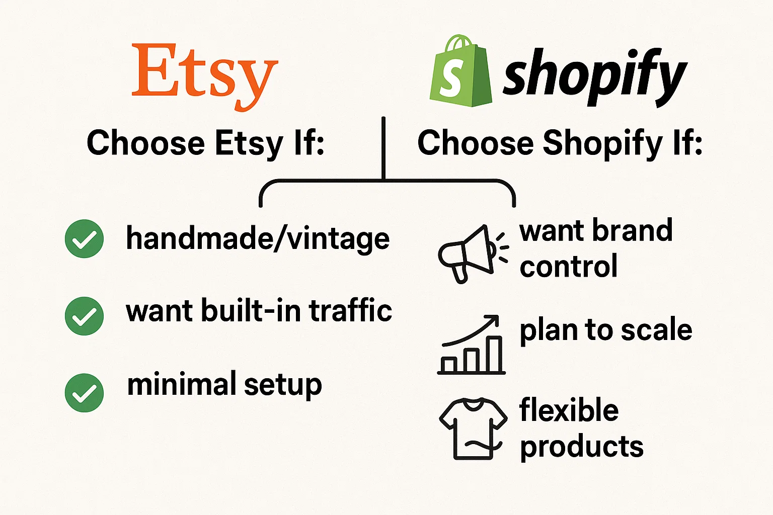 Comparison chart outlining when to choose Etsy versus Shopify for selling online. Etsy is recommended for handmade/vintage items, built-in traffic, and minimal setup. Shopify is recommended for brand control, scaling, and flexible products.