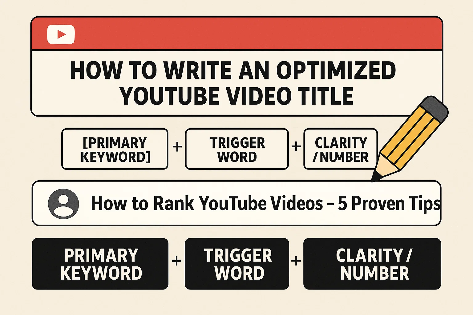  Formula for writing an optimized YouTube video title to increase clicks: Primary Keyword plus a Trigger Word plus Clarity or a Number, with a specific example provided.