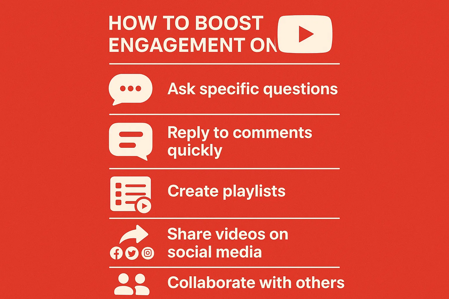 Five strategies to boost engagement on YouTube videos: Ask specific questions, reply to comments quickly, create playlists, share videos on social media, and collaborate with other creators.