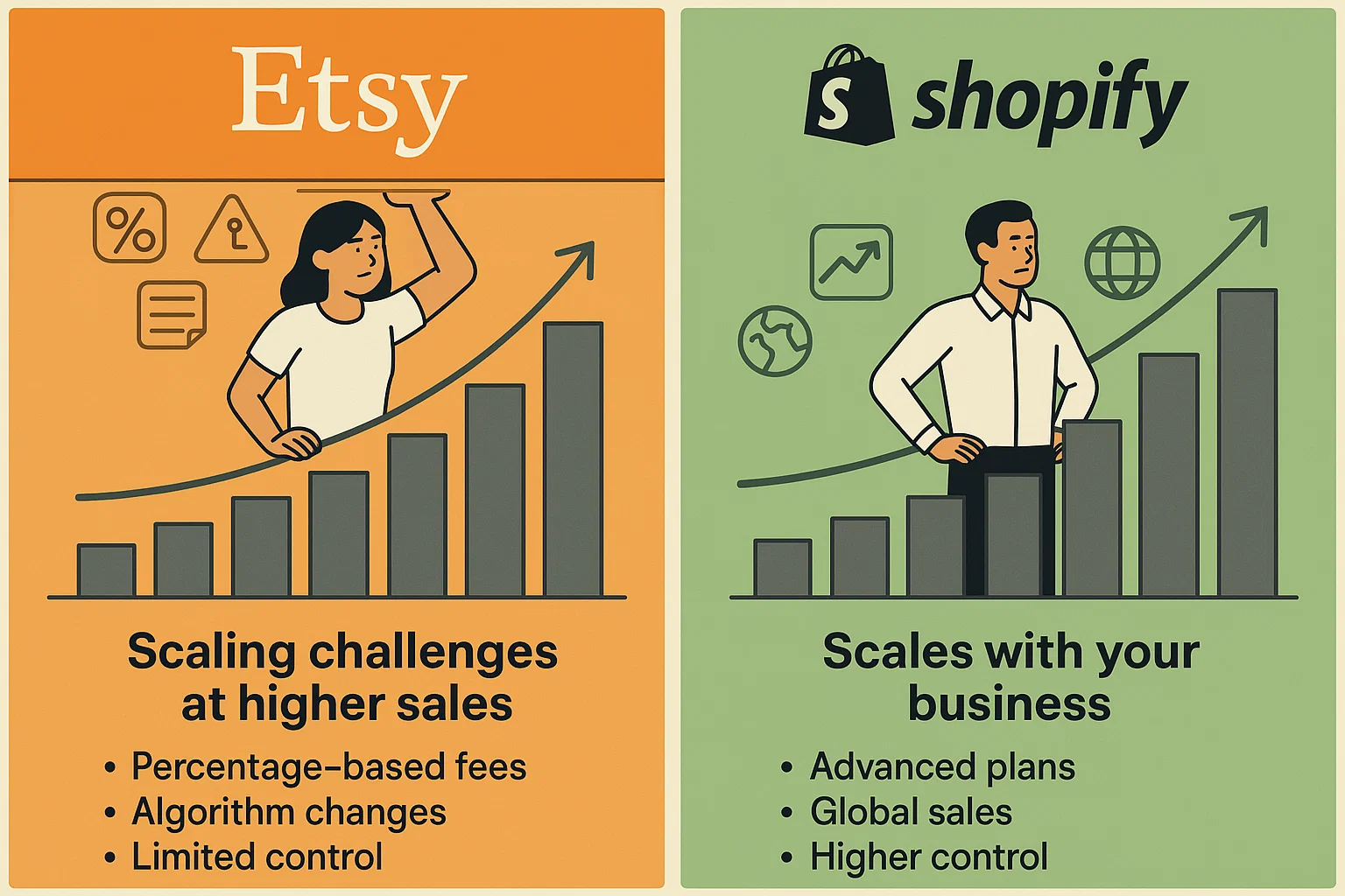 Comparison of scaling challenges for Etsy versus Shopify. The Etsy side shows a person struggling to push up a growth bar, with text listing 'Scaling challenges at higher sales' due to 'Percentage-based fees,' 'Algorithm changes,' and 'Limited control.' The Shopify side shows a confident person standing beside a smoothly rising growth chart, with text stating 'Scales with your business' through 'Advanced plans,' 'Global sales,' and 'Higher control.
