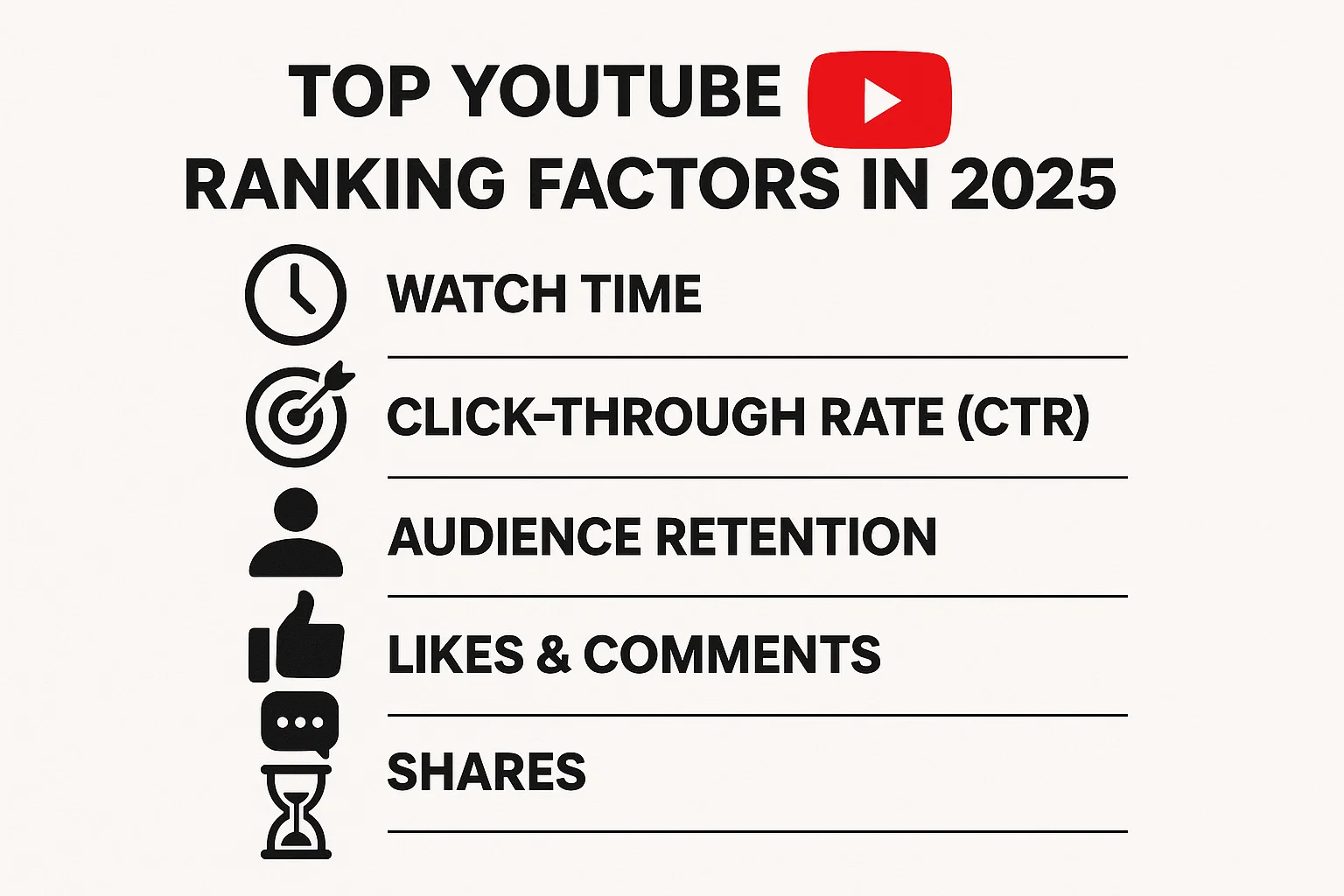  Infographic listing the top YouTube ranking factors for 2025, including watch time, click-through rate (CTR), audience retention, likes and comments, and shares.