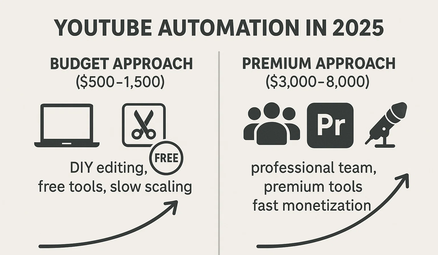Comparison chart of YouTube automation approaches in 2026 showing a Budget Approach(500−500−1,500) with slow growth versus a Premium Approach (3,000−3,000−8,000) for fast monetization.