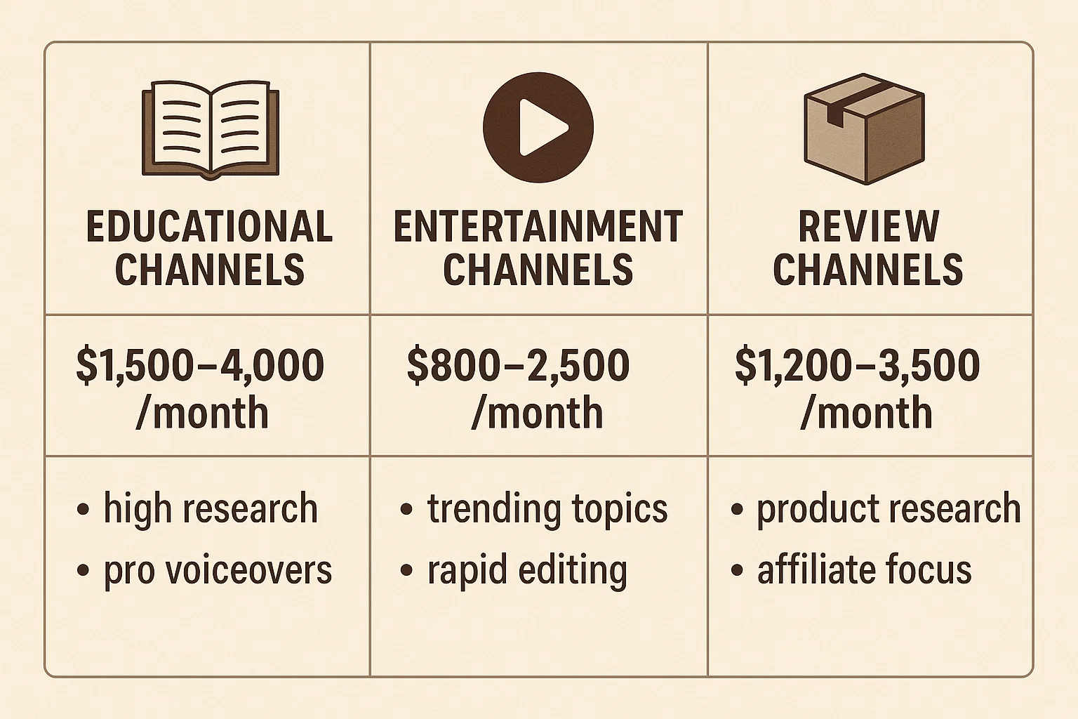 monthly cost breakdown for YouTube automation niches: Educational (1,500−1,500−4,000), Entertainment (800−800−2,500), and Review channels(1,200−1,20−3,500).