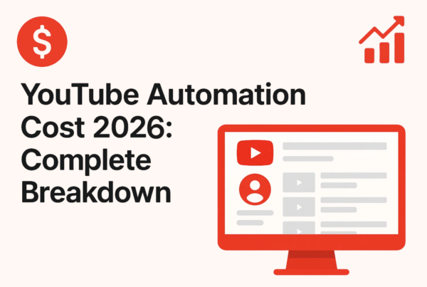 Infographic titled YouTube Automation Cost 2025: Complete Breakdown featuring a dollar sign icon, growth chart, and a digital workstation illustration.