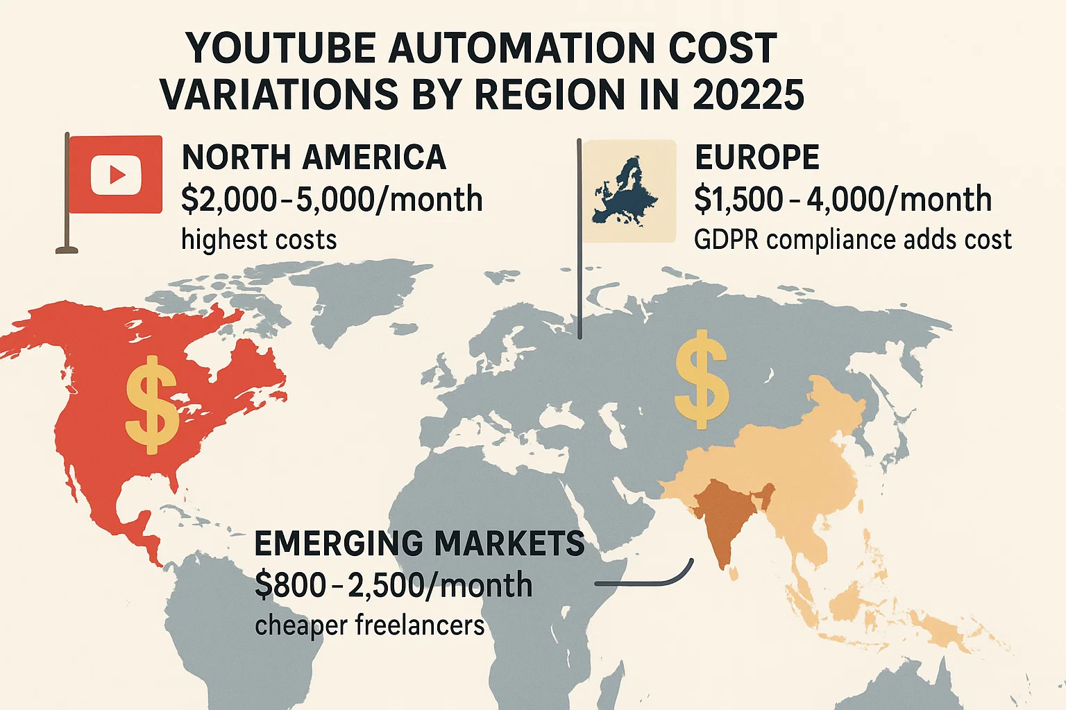 Global map showing YouTube automation cost variations by region for 2026, comparing North American rates (2,000−2,000− 5,000) to emerging market rates (800−800−2,500).