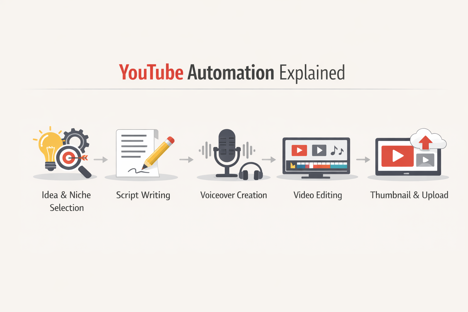 YouTube automation explained infographic showing faceless channel workflow