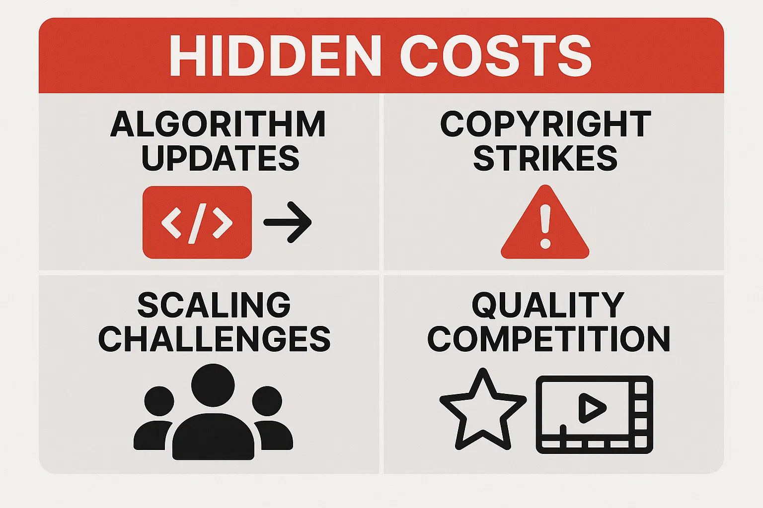 Grid layout explaining the hidden costs of YouTube automation in 2026, including algorithm updates, copyright strikes, scaling challenges, and quality competition.