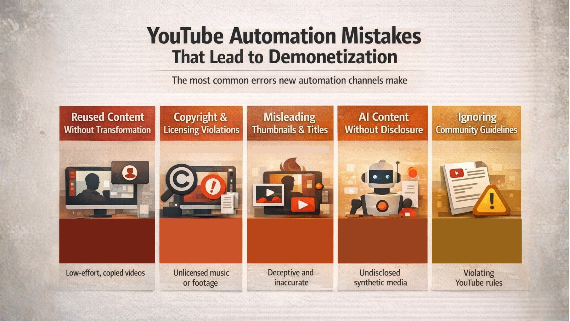 YouTube automation mistakes infographic showing reasons for demonetization