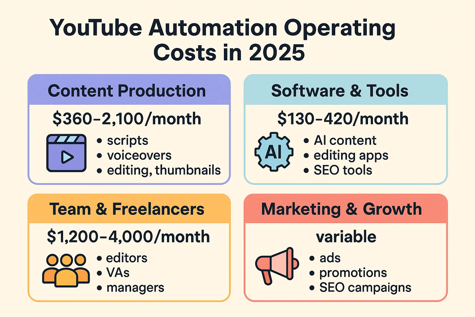 Infographic detailing YouTube automation operating costs in 2025, categorized into content production, software and tools, team management, and marketing growth.