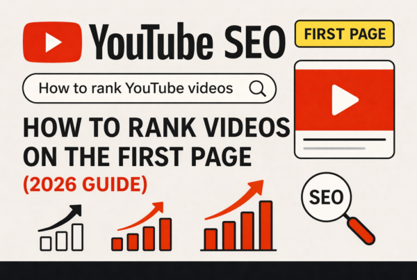 Here is the SEO-optimized alt text and file name for the image: Alt Text: YouTube SEO guide illustration titled "How to Rank Videos on the First Page (2026 Guide)," featuring a sample search query, video player icon, and upward-trending bar charts representing traffic growth.
