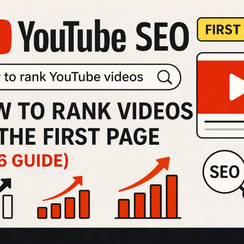 Here is the SEO-optimized alt text and file name for the image: Alt Text: YouTube SEO guide illustration titled "How to Rank Videos on the First Page (2026 Guide)," featuring a sample search query, video player icon, and upward-trending bar charts representing traffic growth.