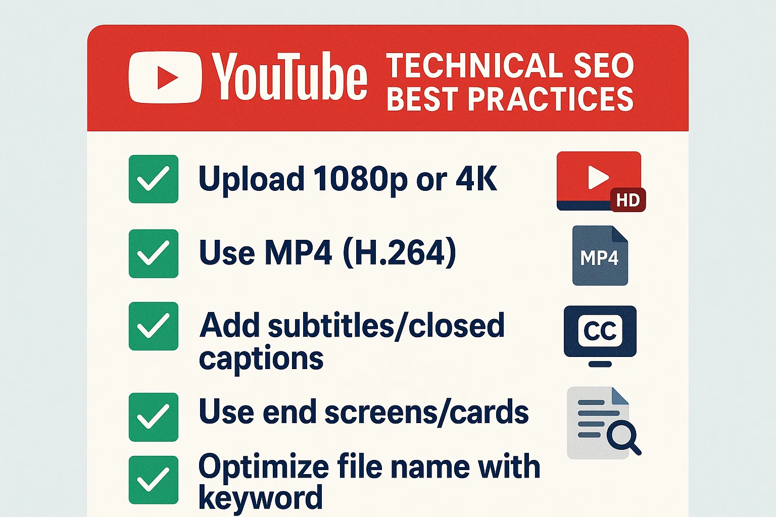 Checklist for YouTube technical SEO best practices, including uploading in 1080p or 4K, using MP4 H.264 format, adding closed captions (CC), using end screens and cards, and optimizing the video file name with keywords.