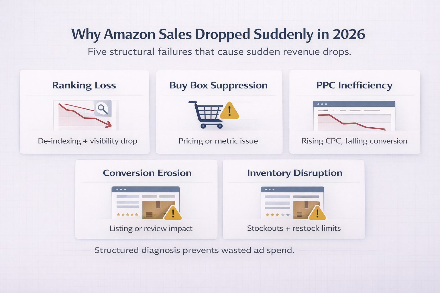 Infographic showing five main causes of sudden Amazon sales drop in 2026 including ranking loss, Buy Box suppression, PPC decline, conversion erosion and inventory disruption.