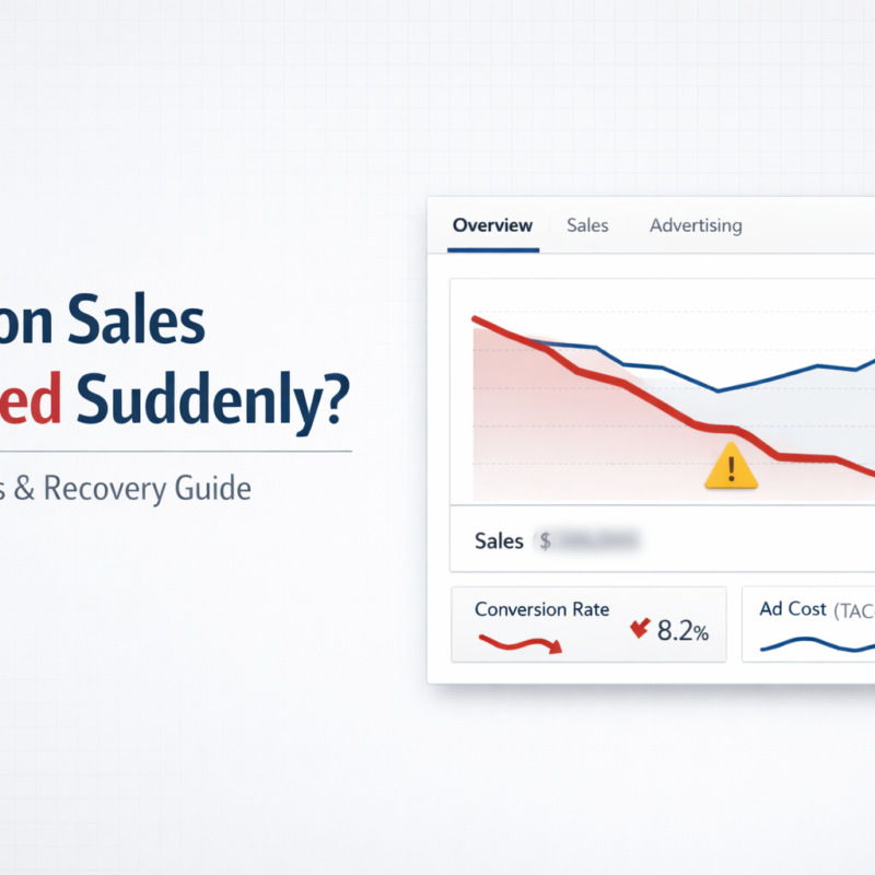 Featured image showing Amazon sales dashboard with declining revenue graph and headline Amazon Sales Dropped Suddenly 2026 guide.
