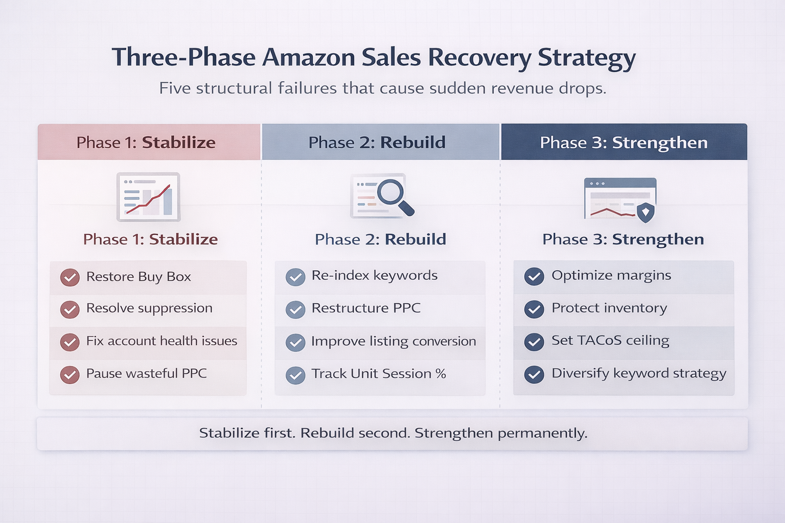 Infographic showing three phase Amazon sales recovery strategy including stabilization, rebuilding ranking and long term strengthening steps.