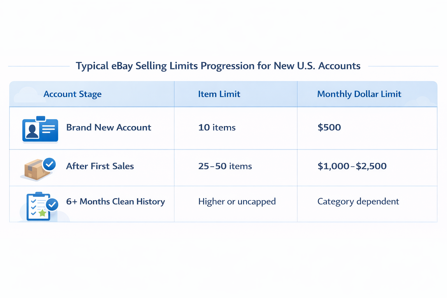 eBay new seller monthly selling limits table for US accounts in 2026