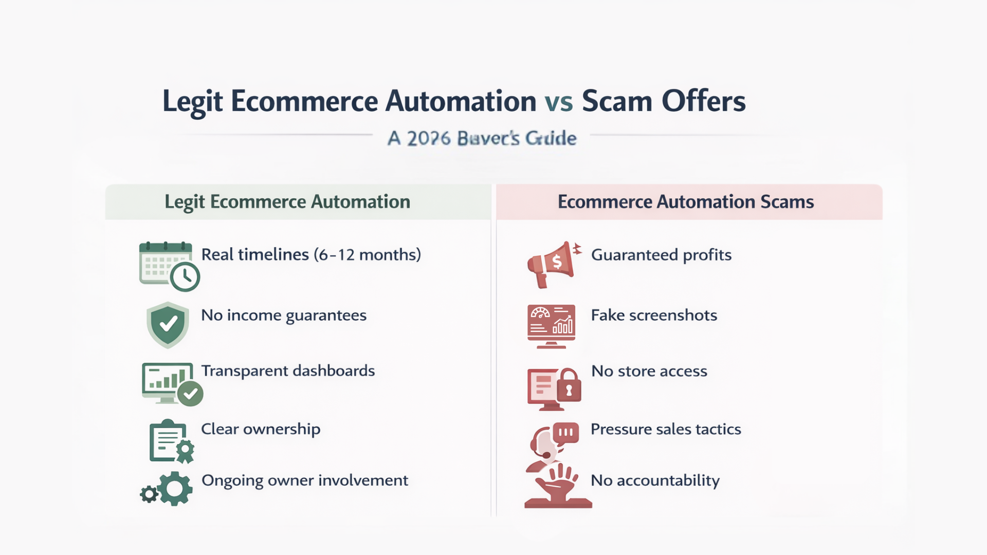 Hero image showing ecommerce automation explained as legit vs scam for buyers in 2026