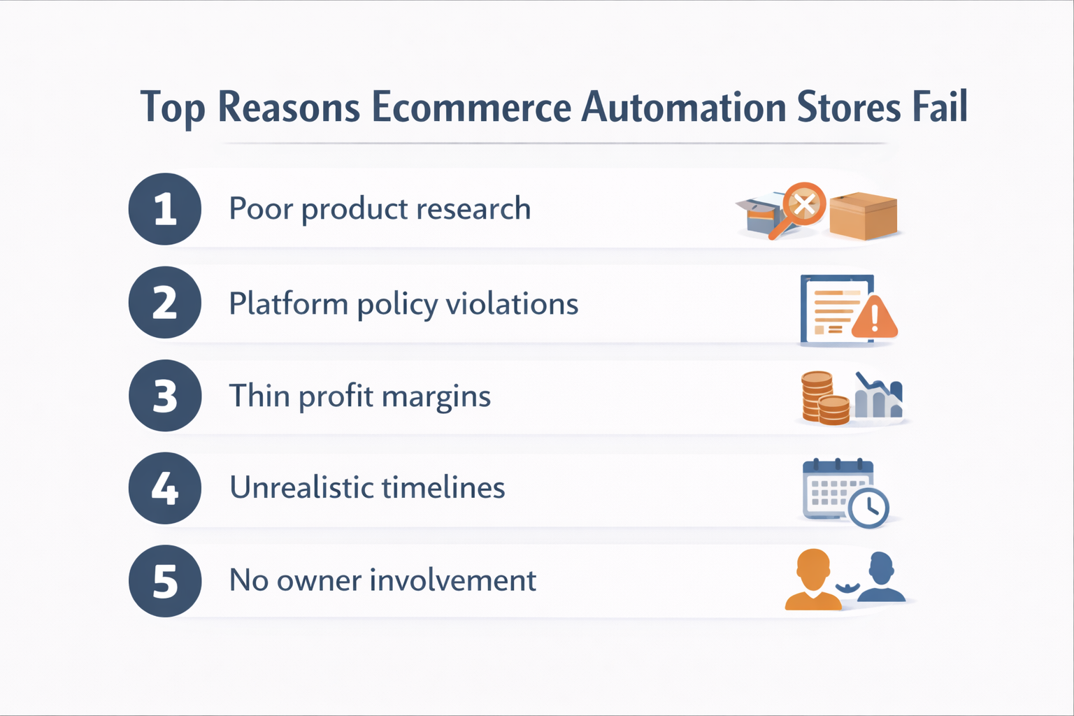 Infographic showing common risks and reasons ecommerce automation stores fail
