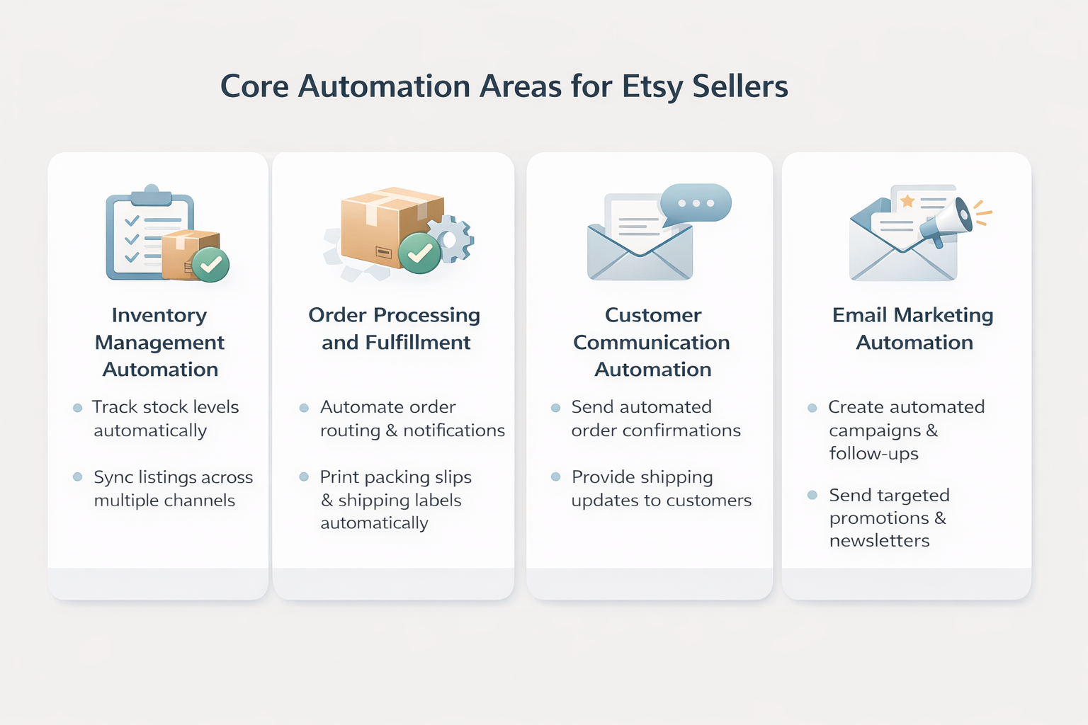 Core Etsy sales funnel automation areas including inventory management order fulfillment customer communication and email automation