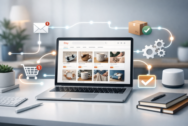 Hero image showing Etsy sales funnel automation workspace illustrating scalable e-commerce operations in 2026