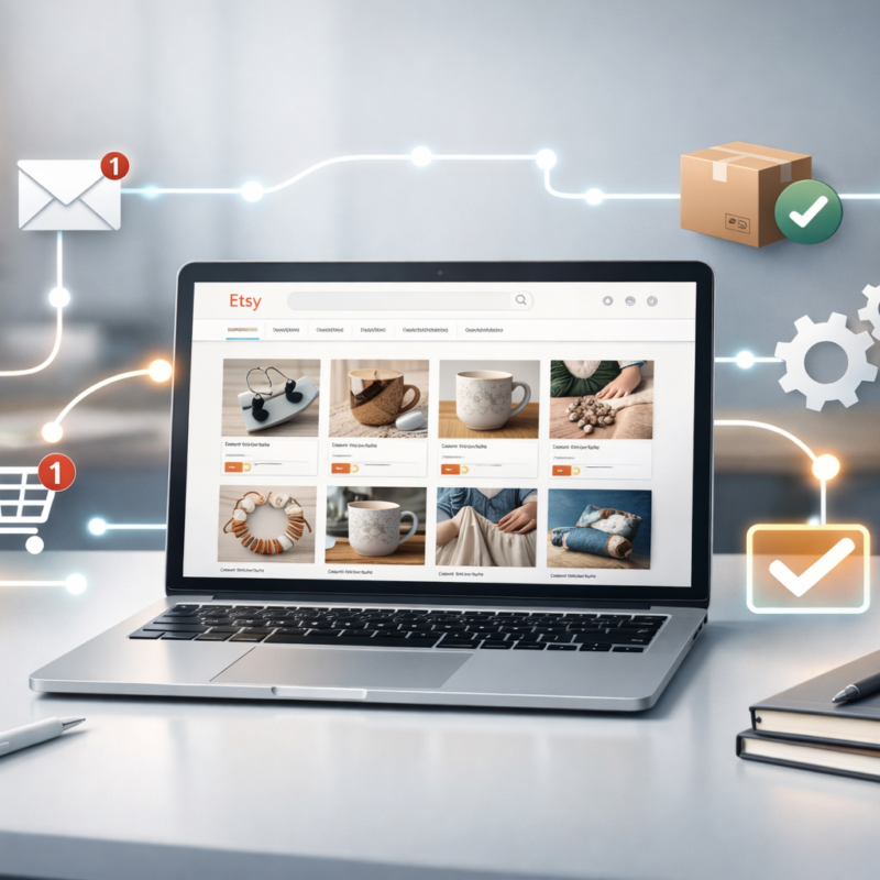 Hero image showing Etsy sales funnel automation workspace illustrating scalable e-commerce operations in 2026