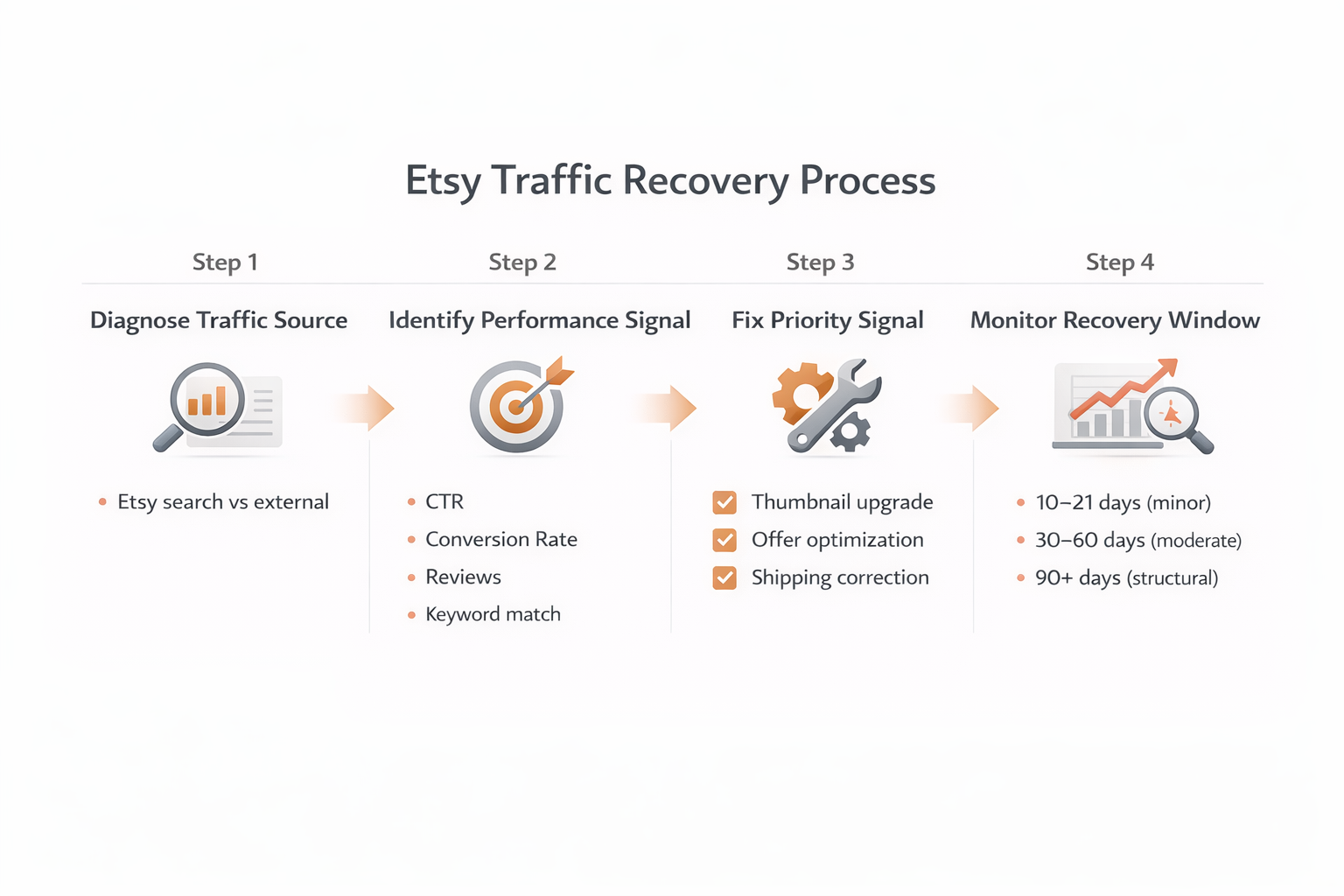 Step-by-step Etsy traffic recovery framework infographic showing diagnosis and recovery timeline