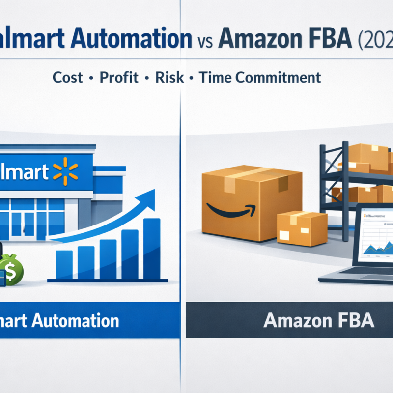 Walmart automation vs Amazon FBA 2026 overview comparing cost, profit, risk, and time commitment models.