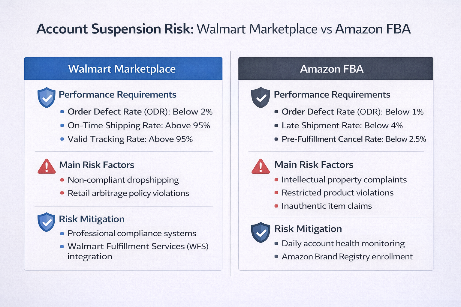 Account suspension risk comparison infographic for Walmart automation and Amazon FBA sellers in 2026