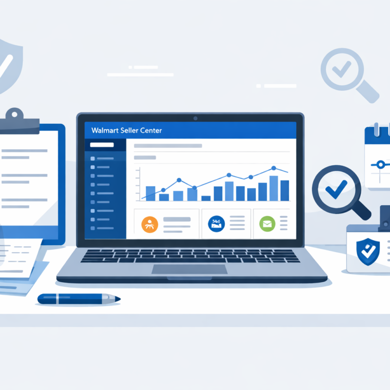 Walmart Marketplace approval process dashboard illustration with seller verification and timeline elements
