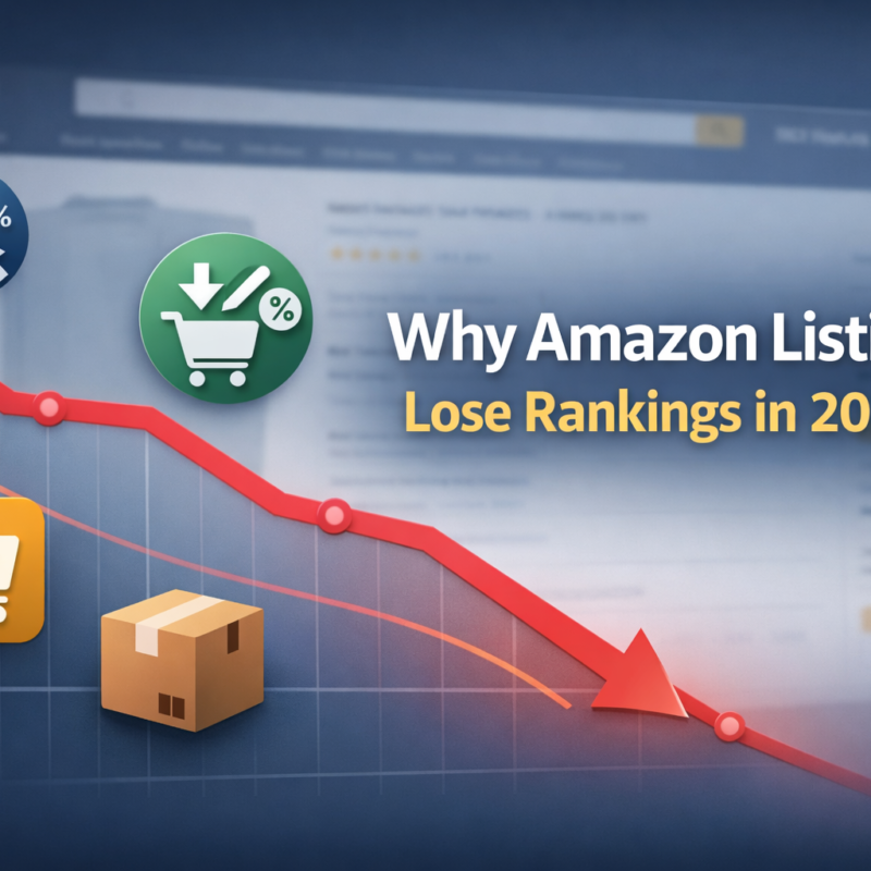 Why Amazon listings lose rankings in 2026 visual representation of declining graph with Amazon listing interface.