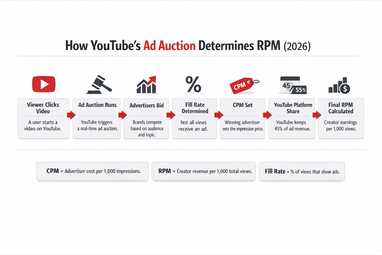 Flowchart infographic showing how YouTube ad auction, CPM, fill rate and monetized playback determine RPM.