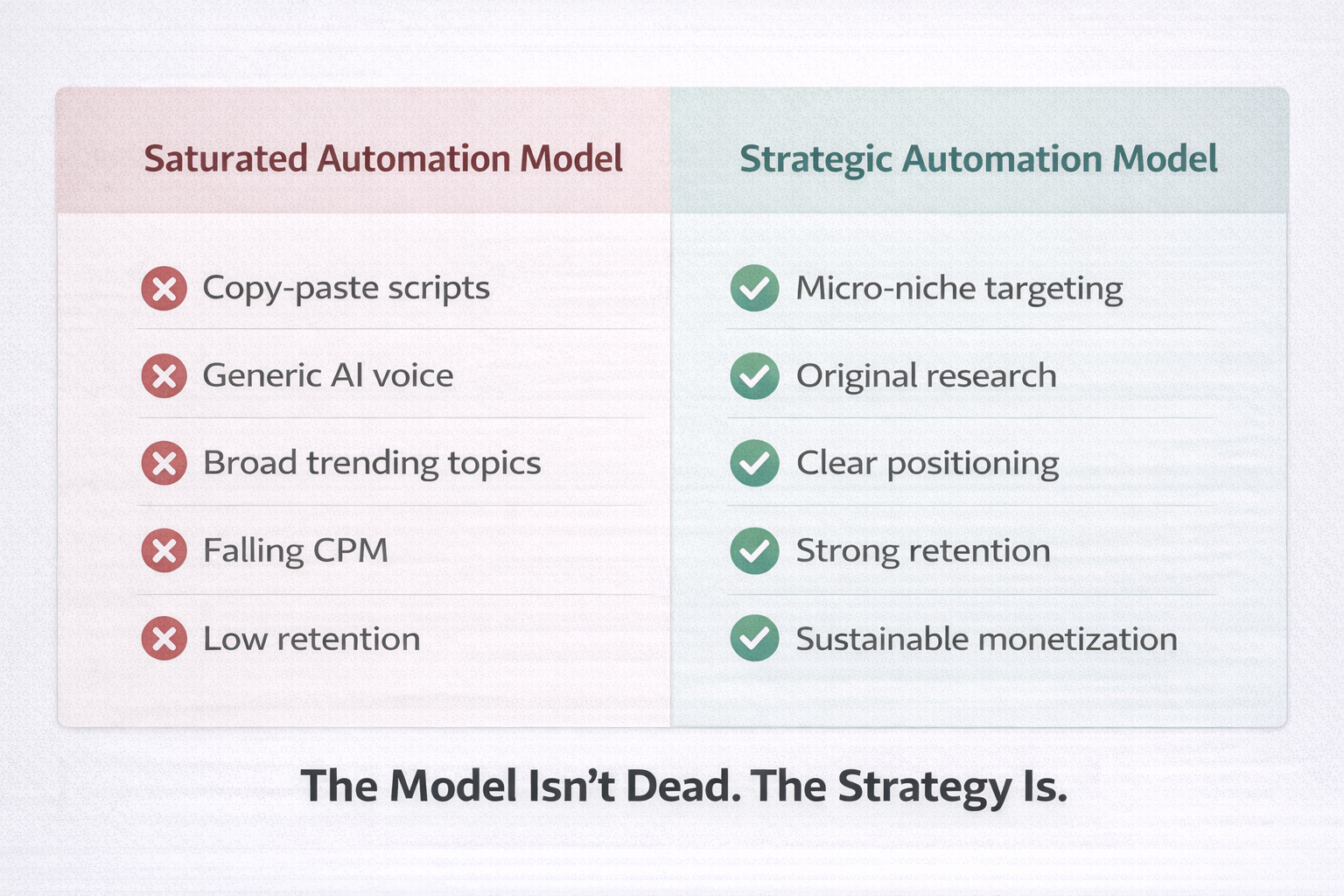 Comparison between saturated YouTube automation model and strategic micro niche automation model in 2026