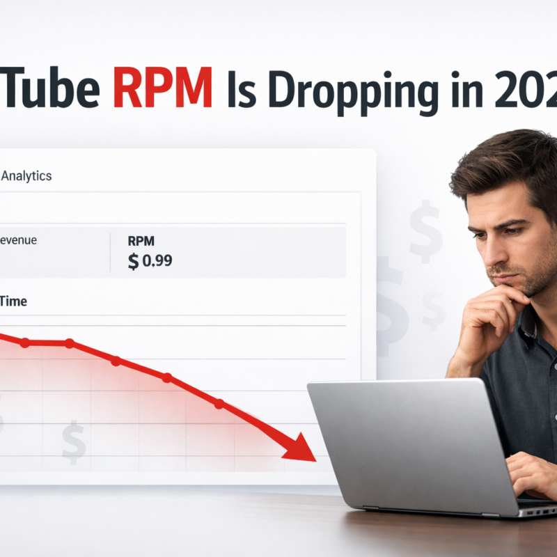 YouTube RPM is dropping in 2026 shown on analytics dashboard with declining revenue graph.